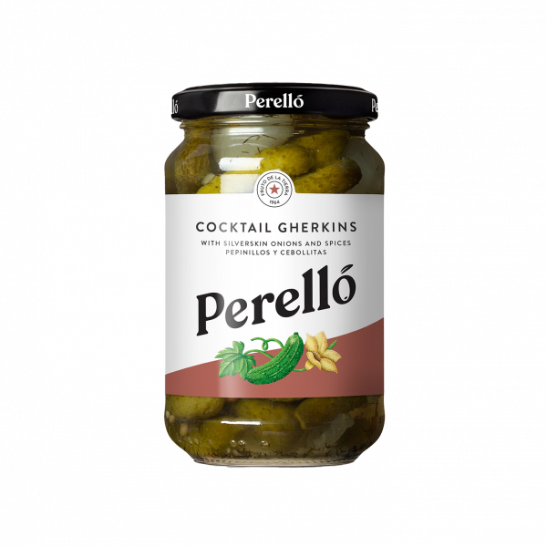 Perelló Cocktail Gherkins with Silverskin Onions and Spicesg Glass jar