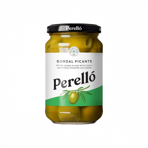 Perelló Gordal Pitted Olives, Spicy, Glass jar