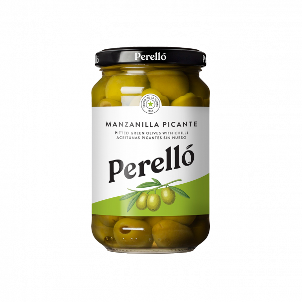 Perelló Manzanilla Pitted Olives, Spicy, Glass jar